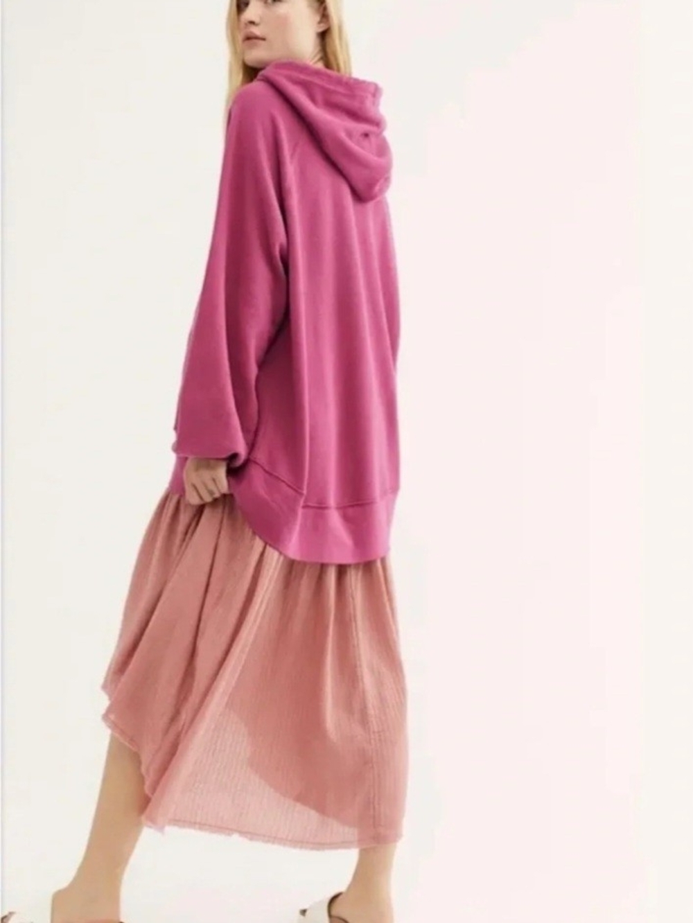 Free People S Magenta Hoodie Gauze Skirt Sweatshirt Midi Dress Boho FP - Picture 7 of 13